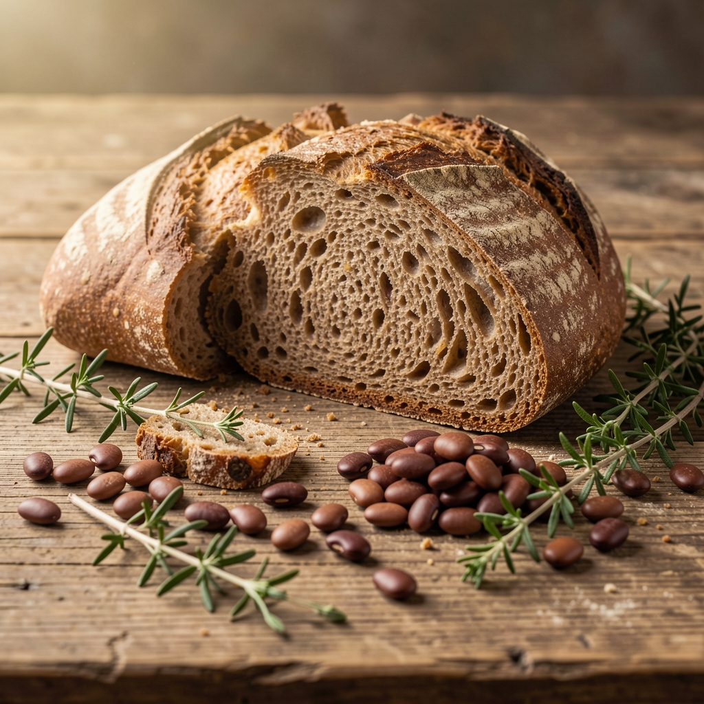 Wholegrain bread, beans and herbs arranged on a rustic wooden counter