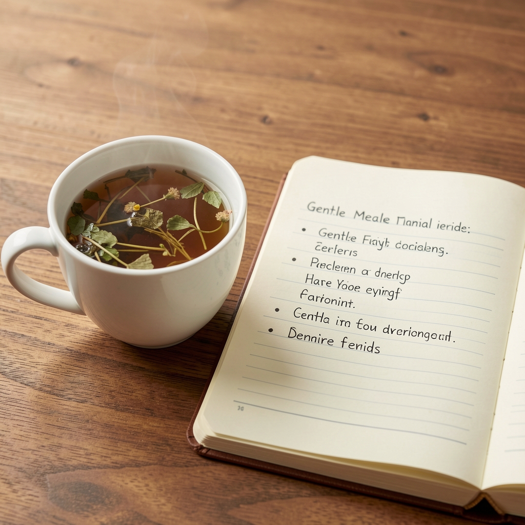 Cup of herbal tea beside a notebook listing gentle meal planning ideas