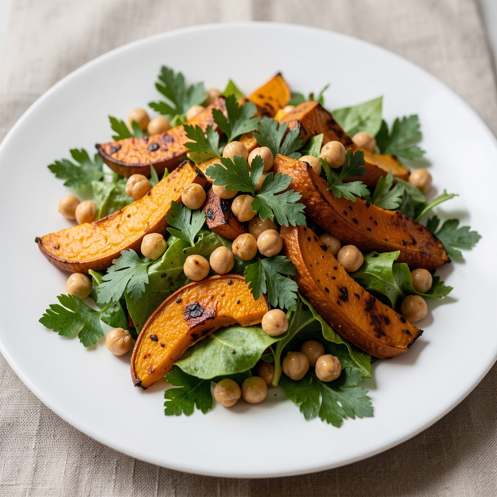 Seasonal salad with roasted squash, chickpeas and fresh parsley on a white plate