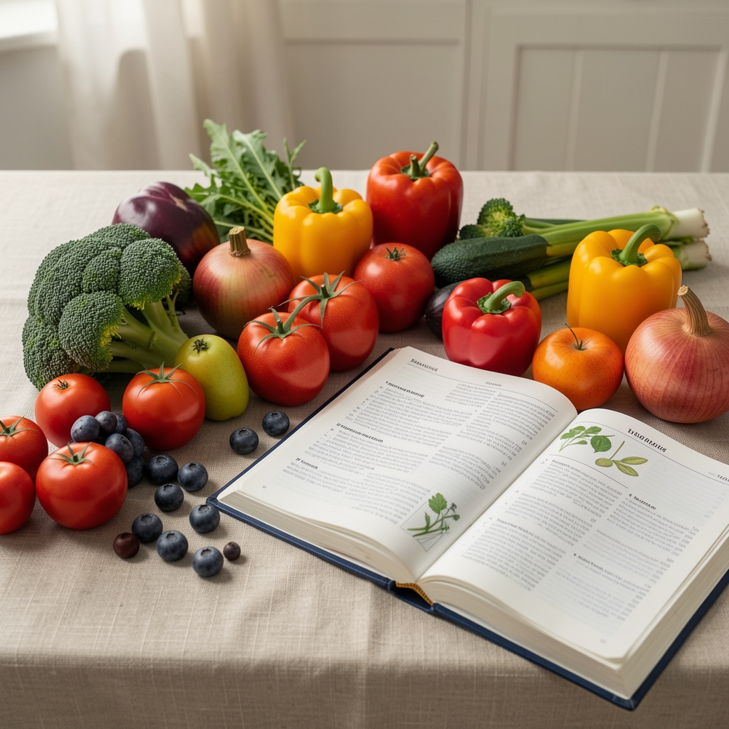Colourful seasonal vegetables arranged on a linen table beside an open nutrition journal