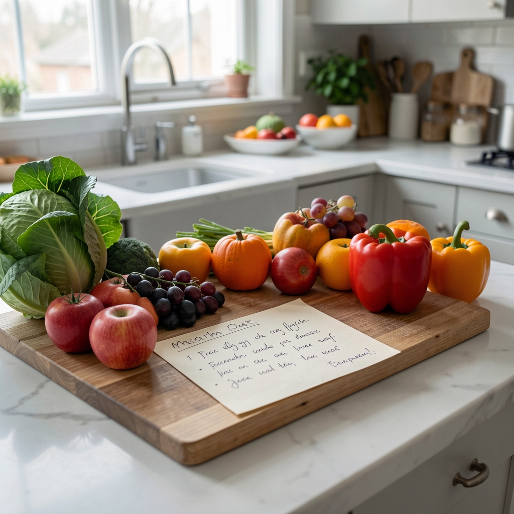 Bright Brighton kitchen with seasonal produce, handwritten meal notes and a wooden preparation board
